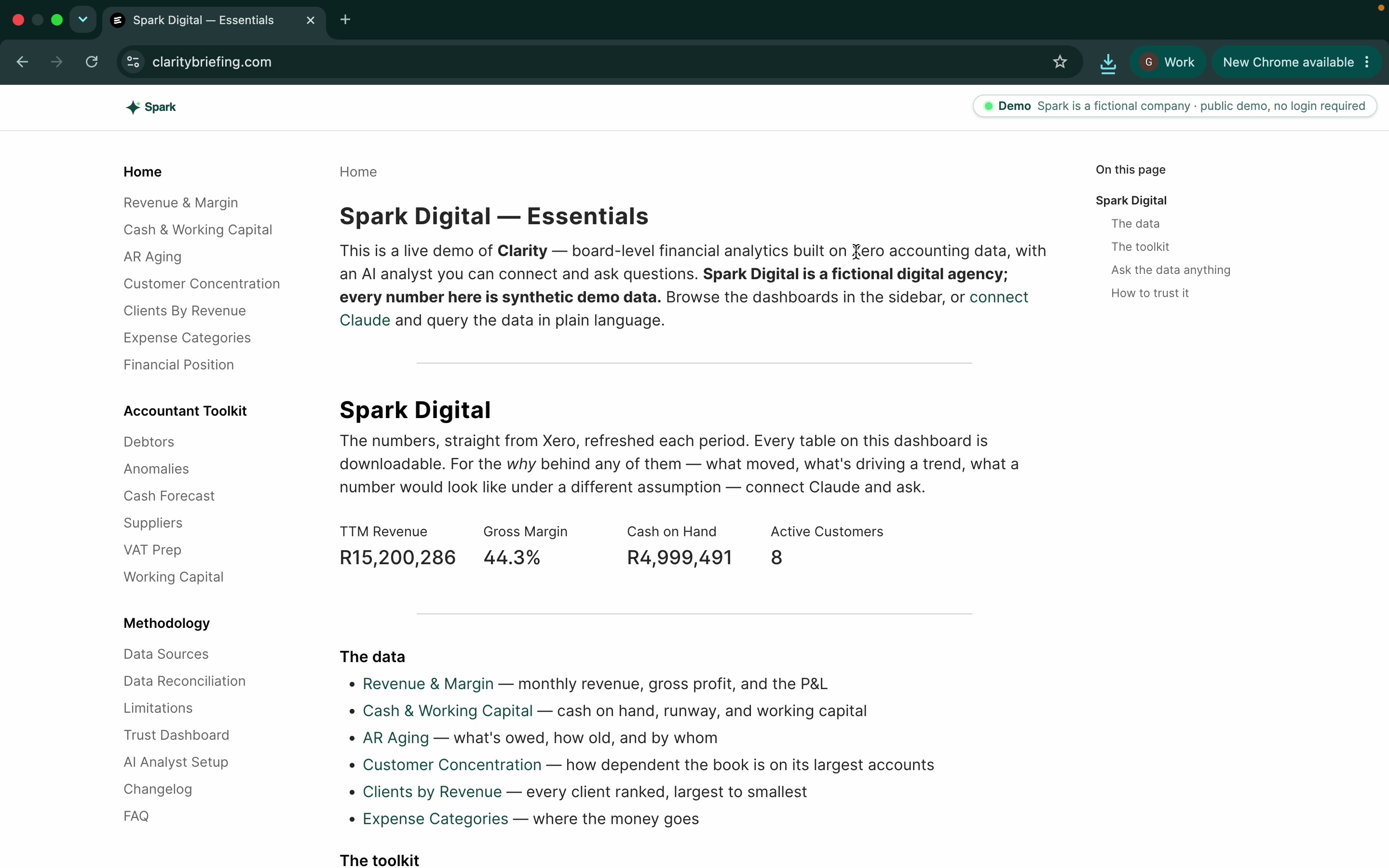 The Clarity dashboard with revenue, margin, cash, and customer tiles.