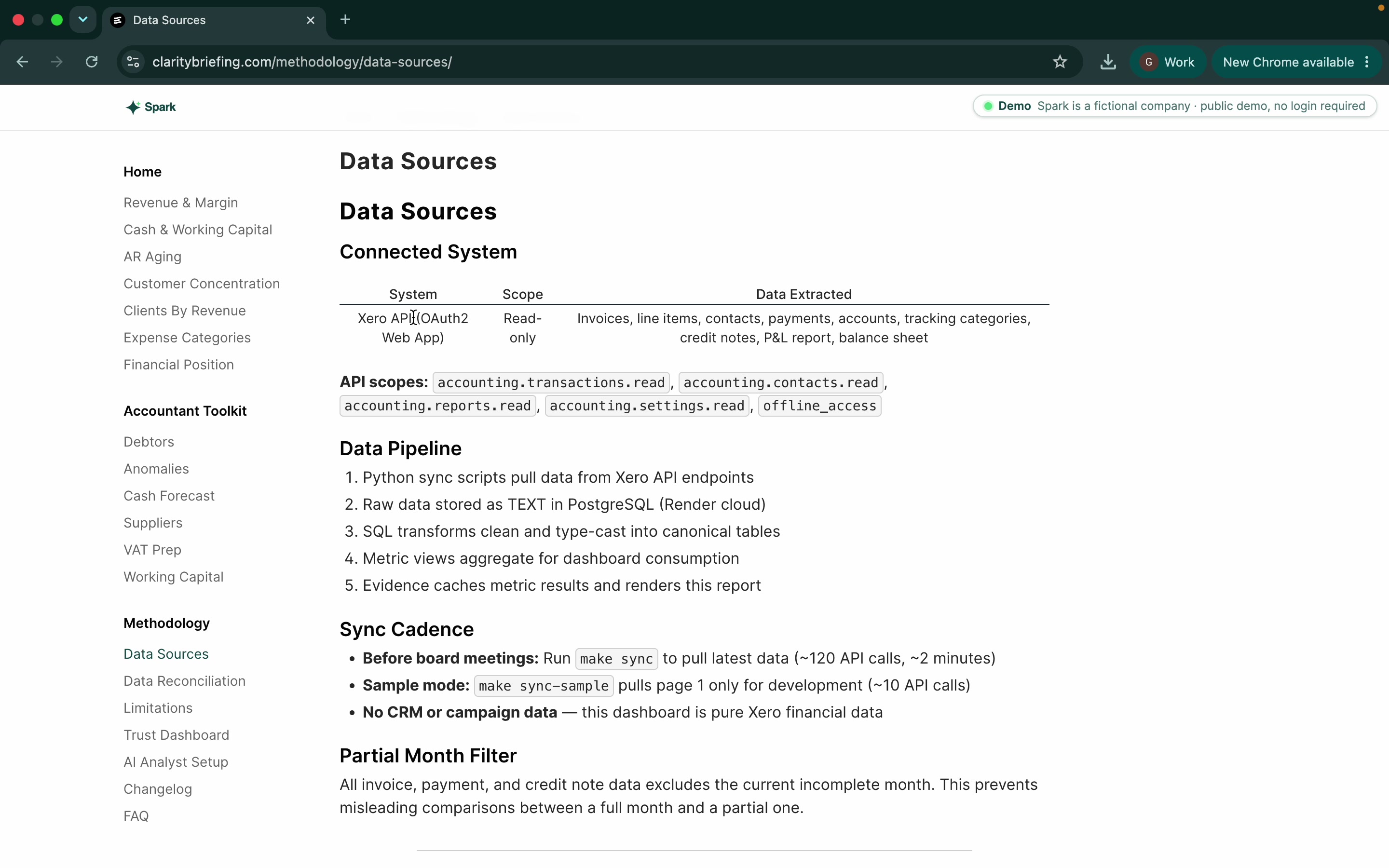 The Data Sources page showing read-only Xero access and the data pipeline.
