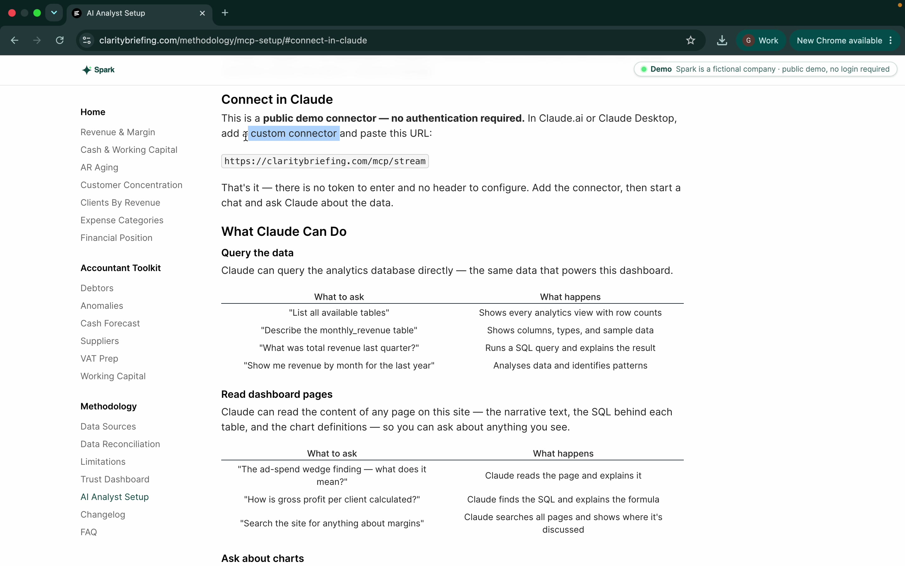 The AI Analyst Setup page showing the one-URL connector for Claude.